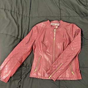 Burgundy faux leather jacket with gold zipper/buttons